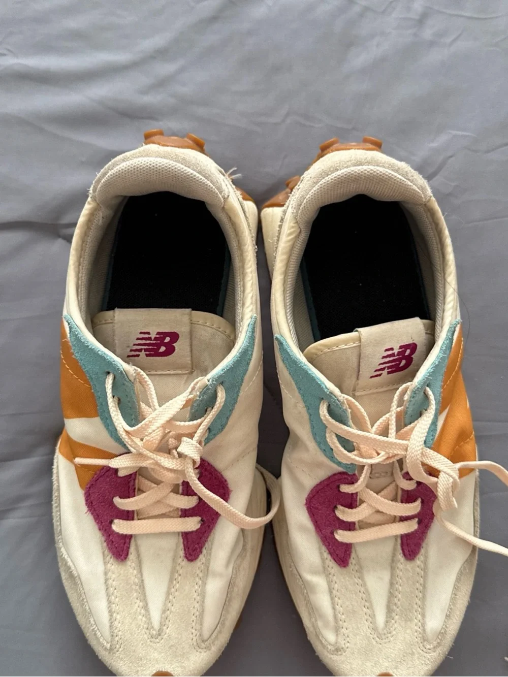 New Balance women’s Cream Sneakers with Teal, Magenta & Mustard Accents
